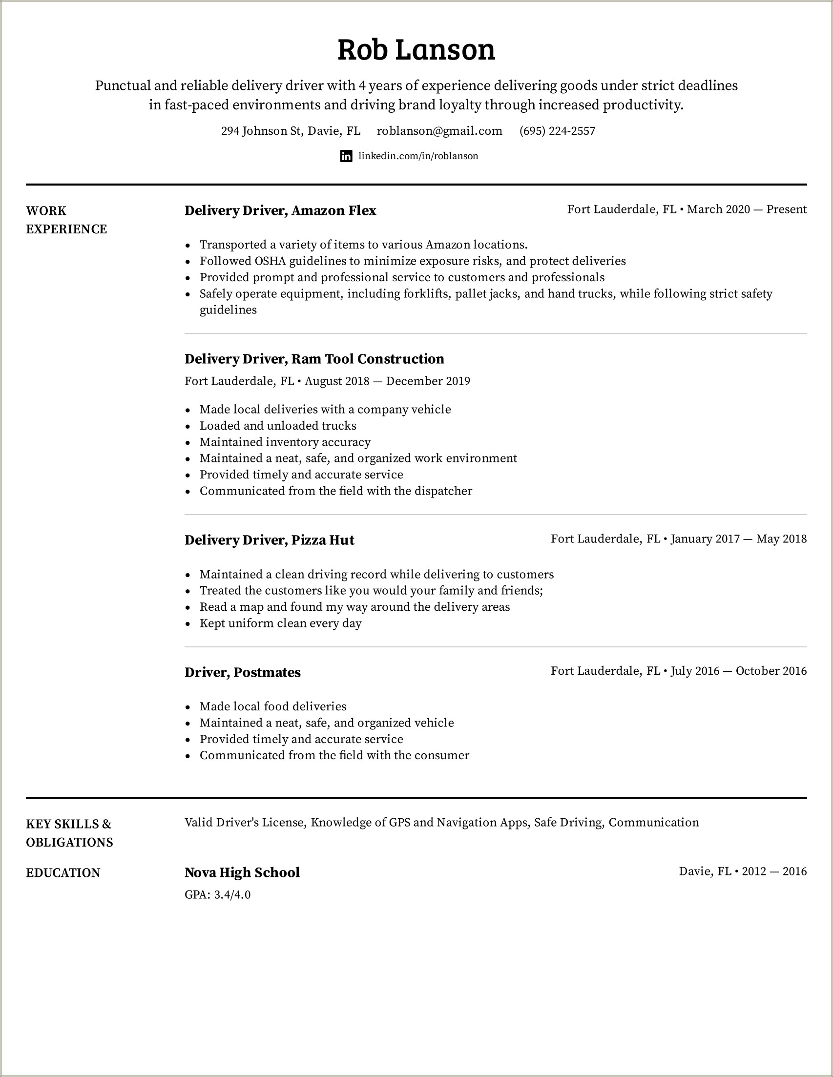 Driver Helper Job Description For Resume