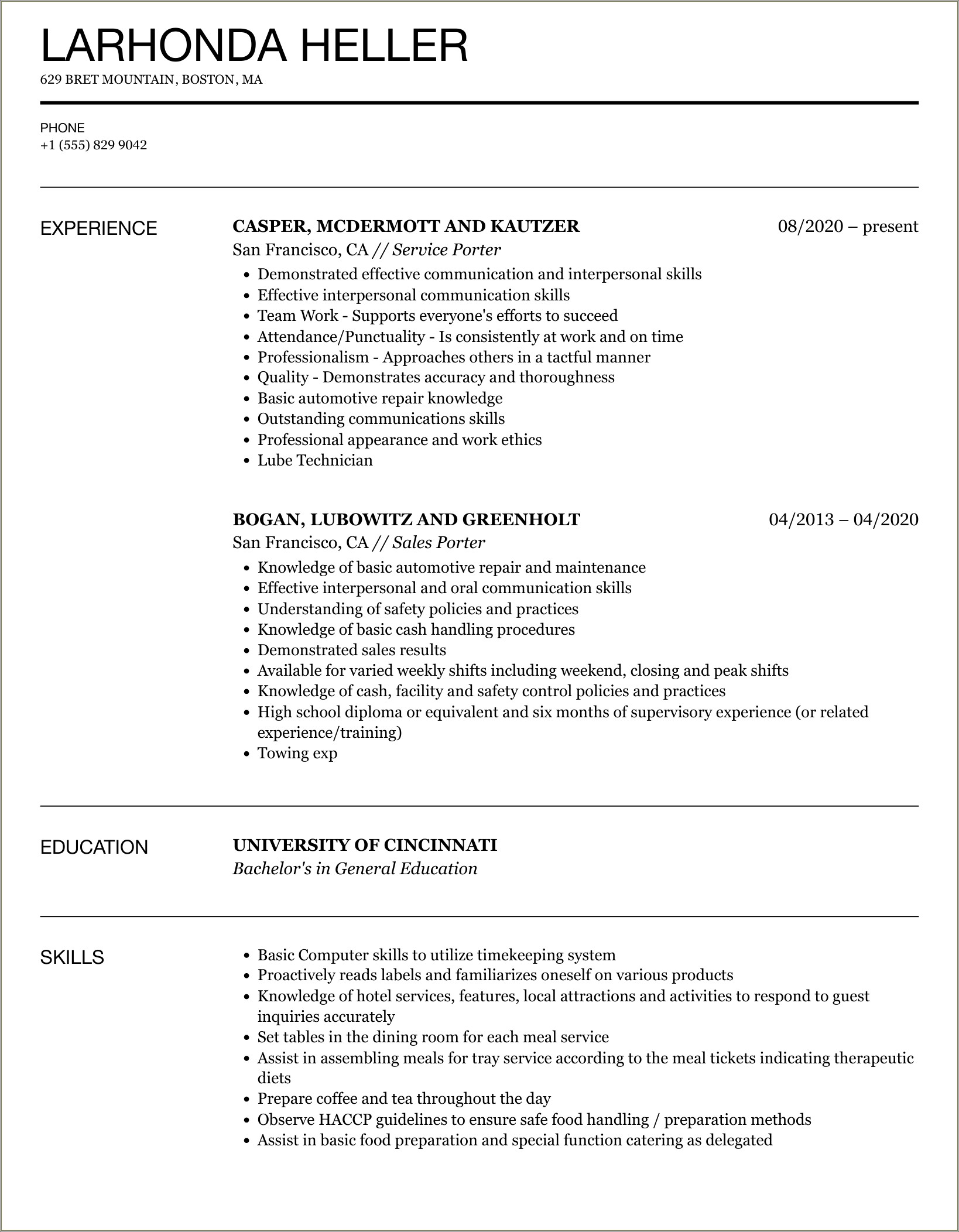 Driver Or Porter Summary On Resume