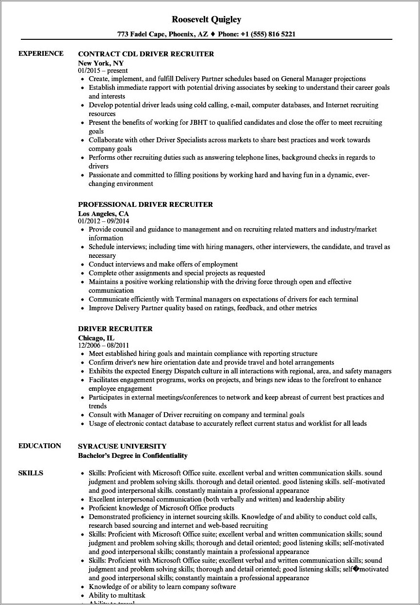 Driver Recruiter Job Description For Resume