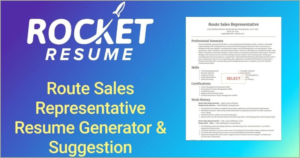 Dsd Route Sales Representative Resume Sample