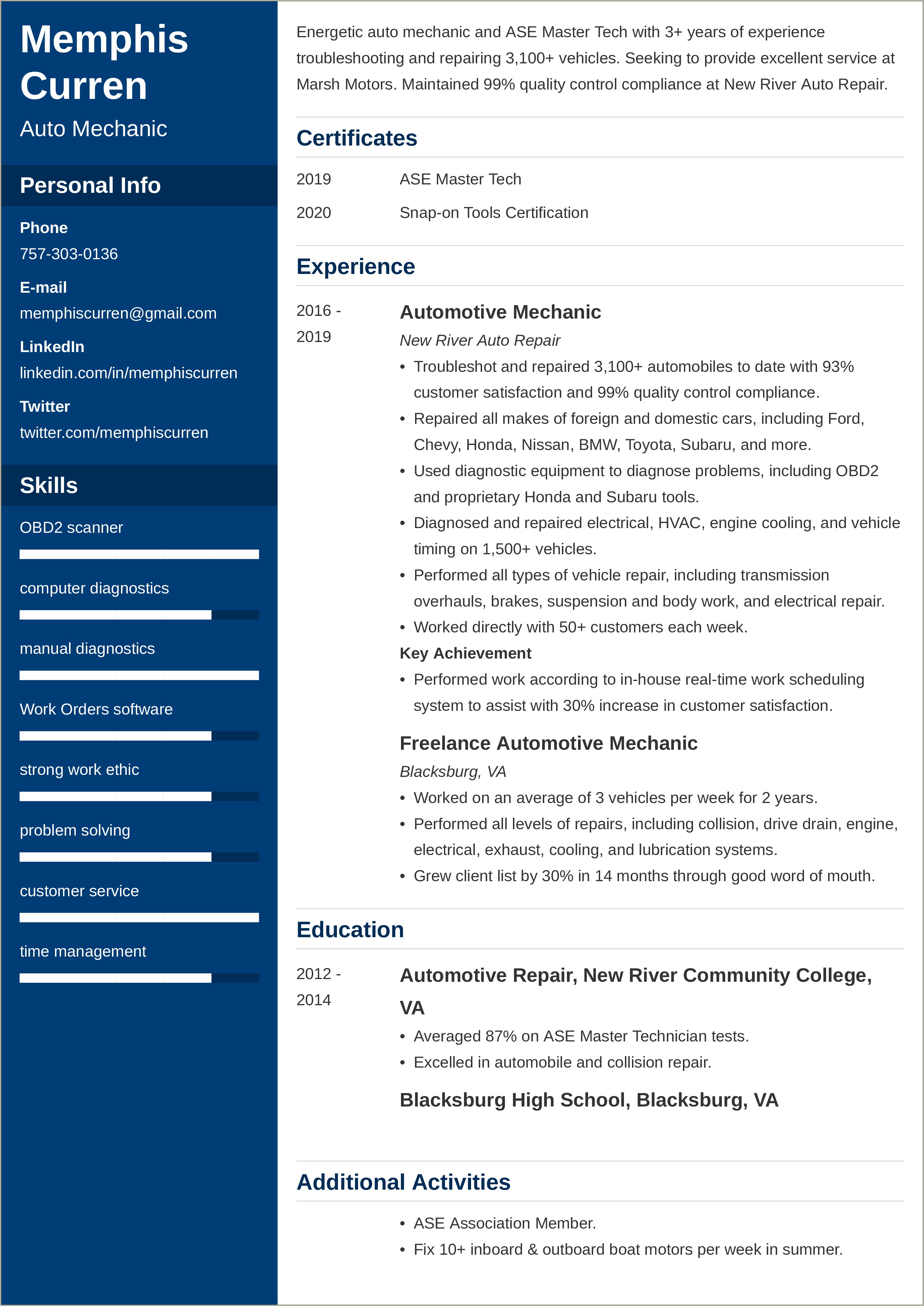 Dury Descriptions For Auto Body Combination Tech Resume