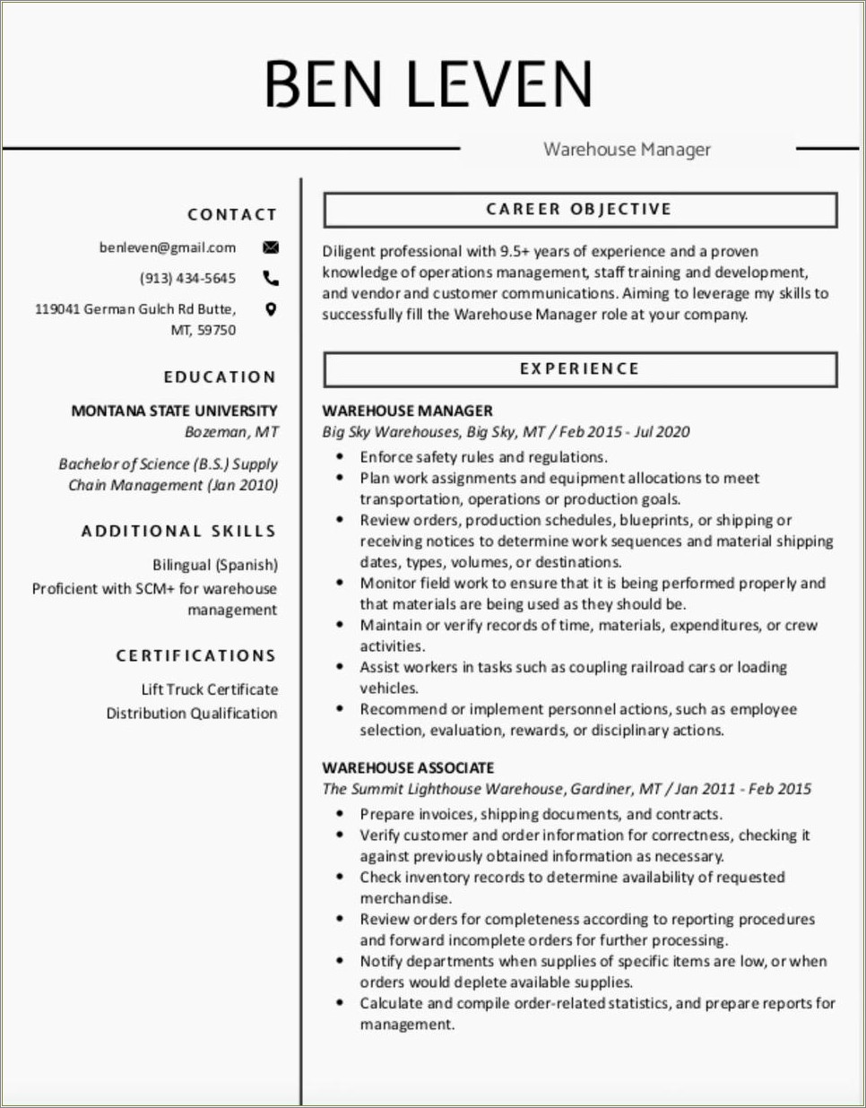 Duties Of A Manager For Resume