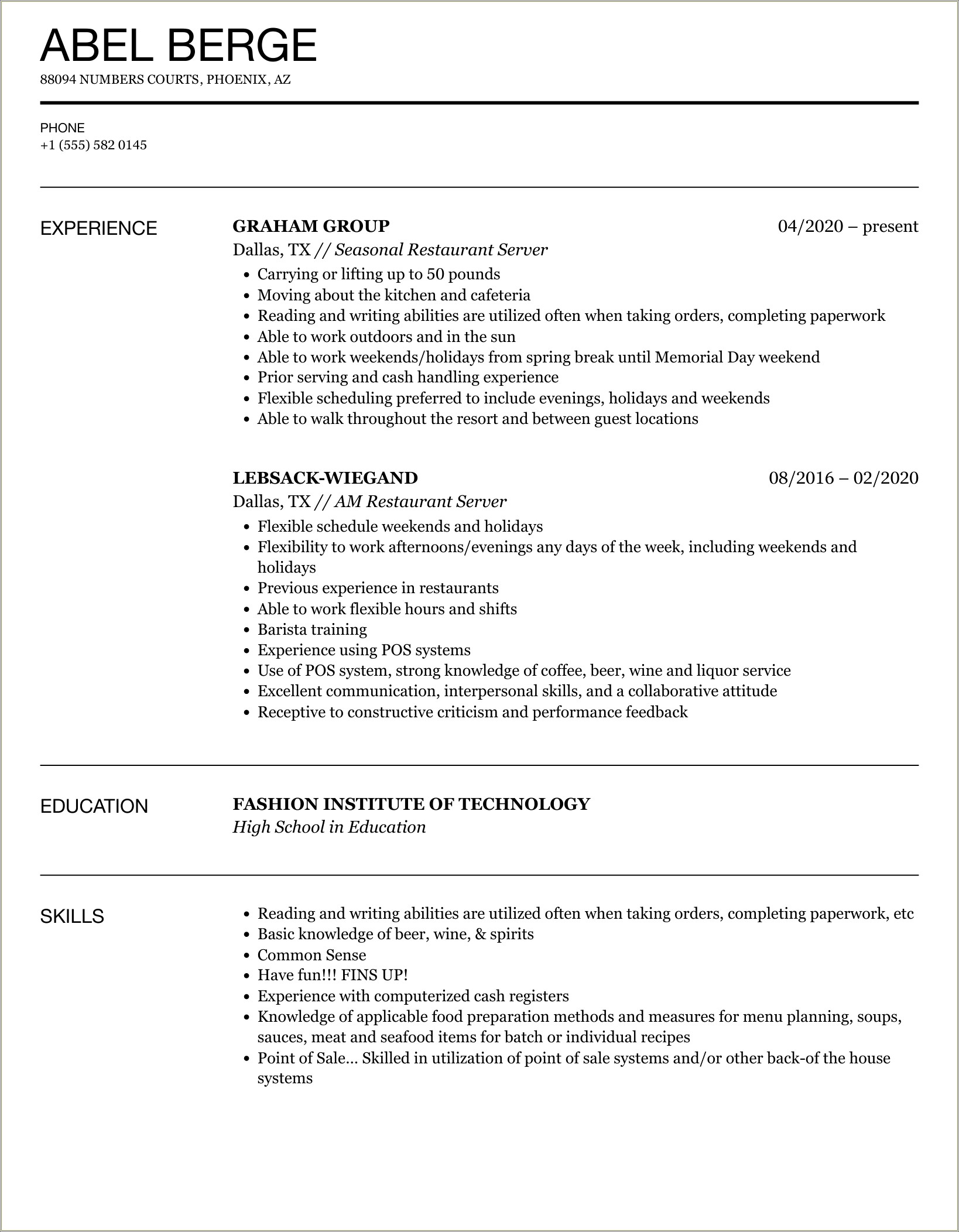 Duties Of A Server To Put On Resume