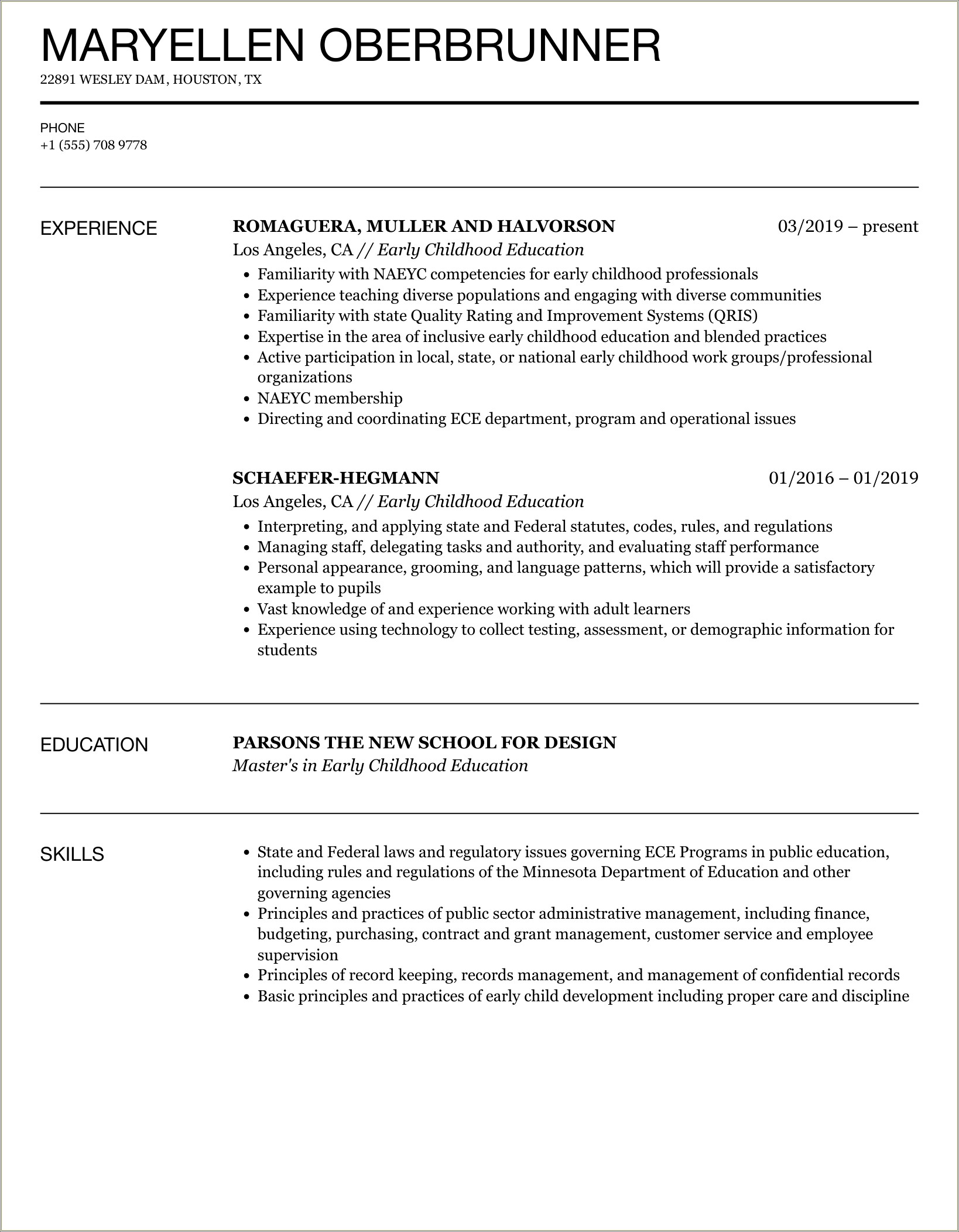 Early Childhood Education Resume No Experience