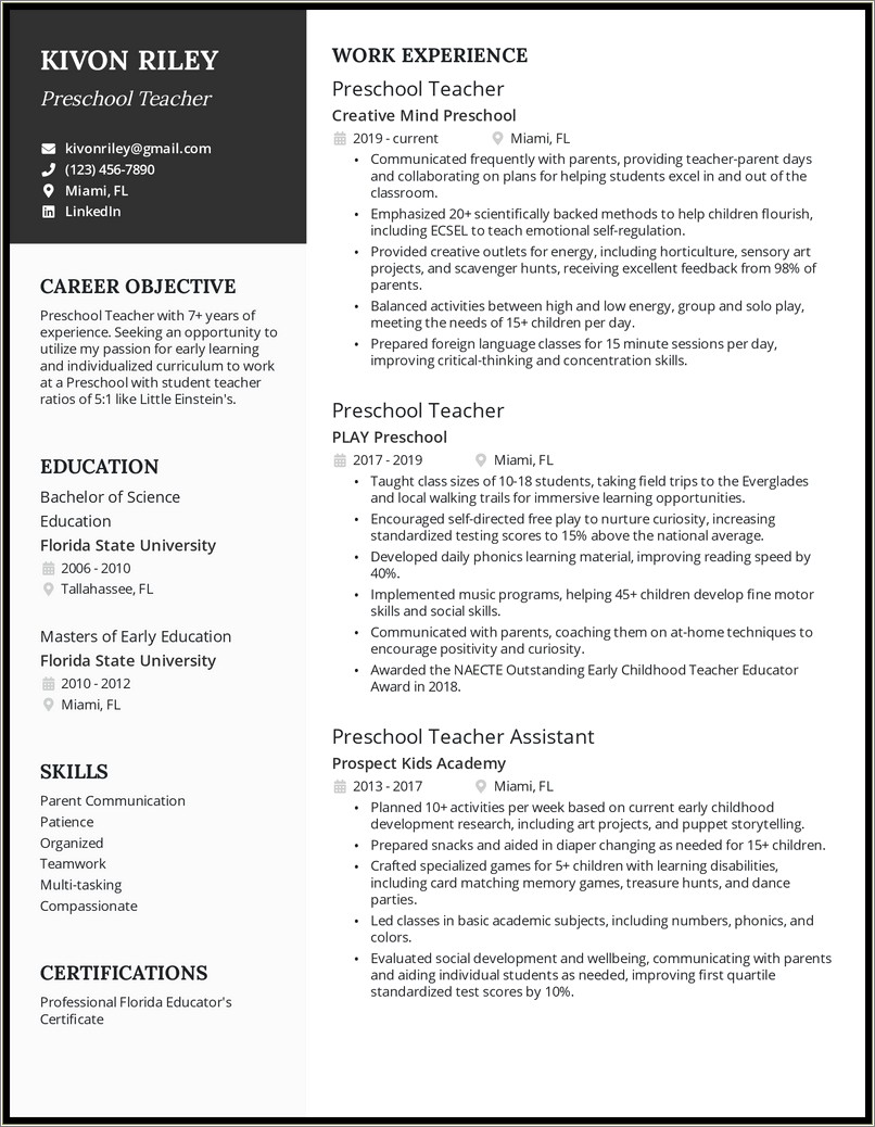 Early Childhood Education Resume Objective Samples