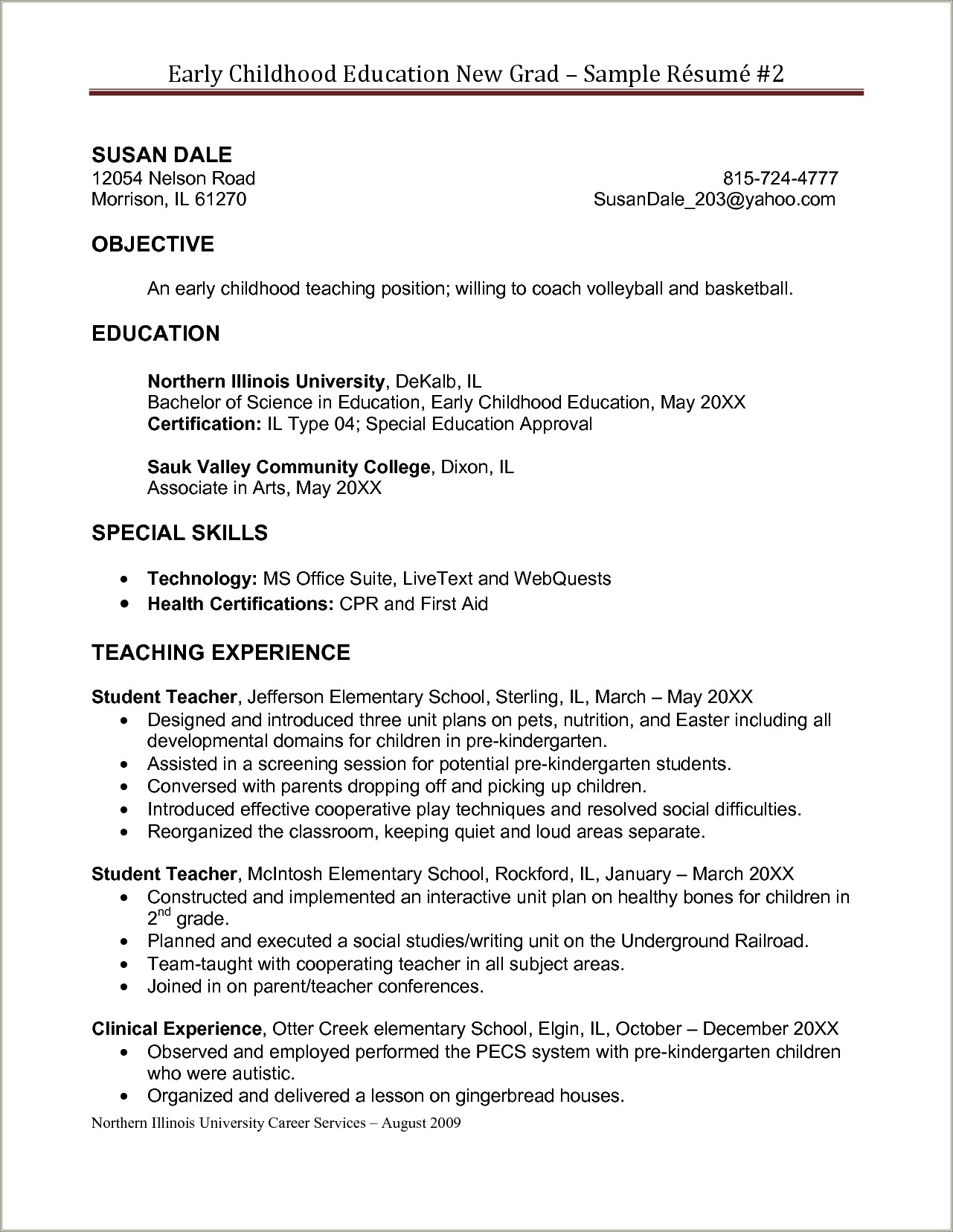 Early Childhood Education Student Resume Sample