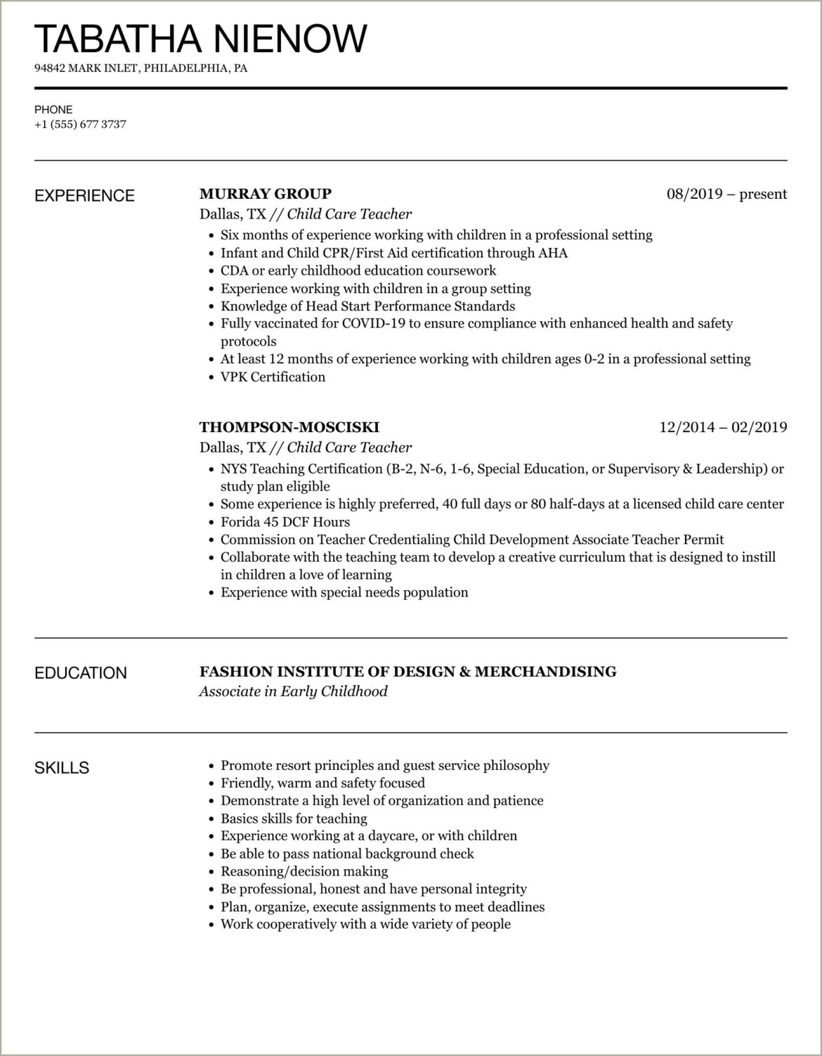 Early Childhood Education Teacher Objective Resume