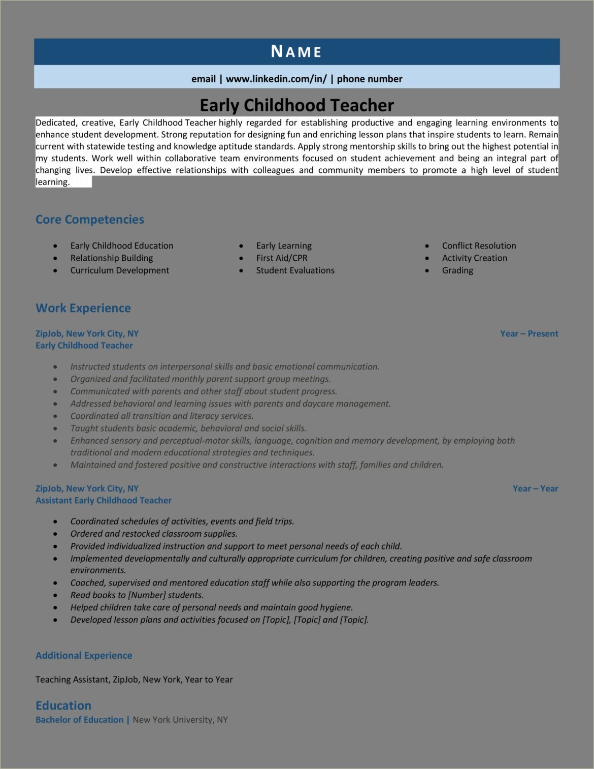 Early Childhood Education Teacher Resume Examples