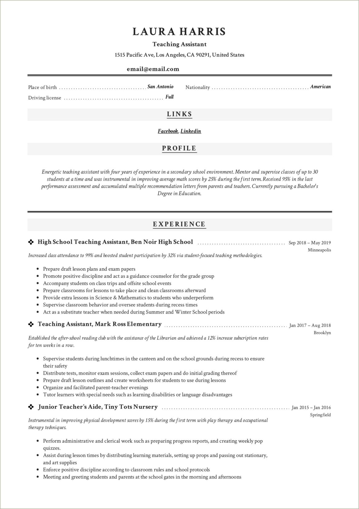 Early Childhood Educator Assistant Resume Sample