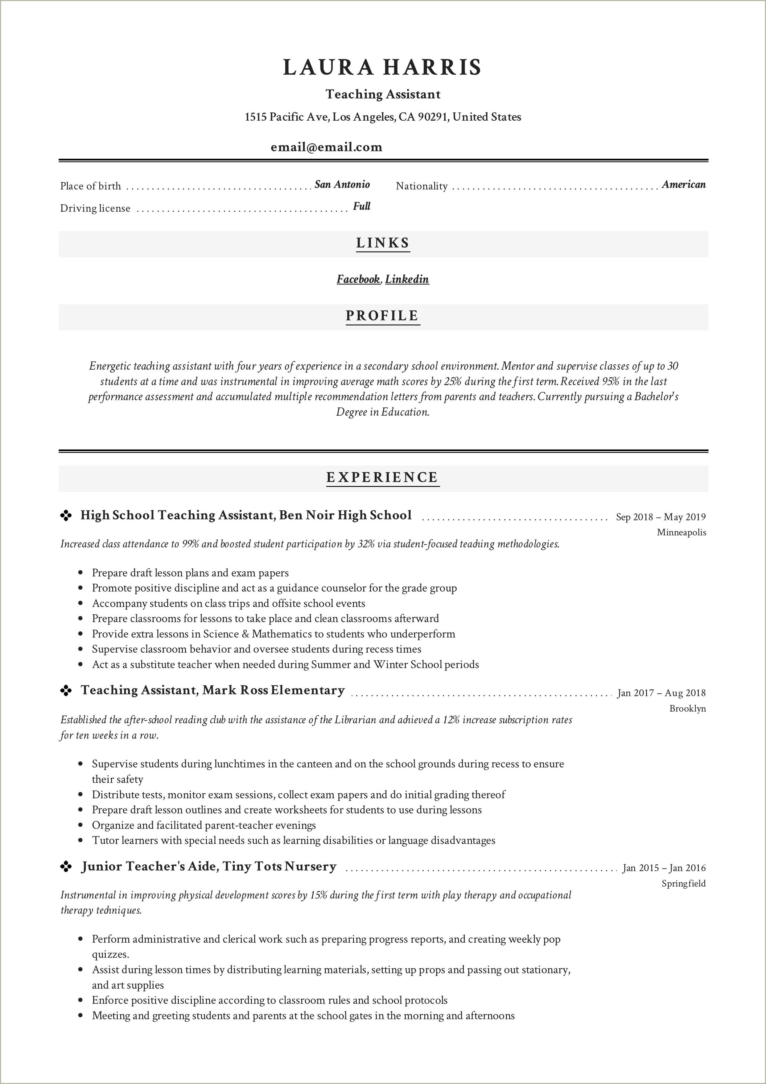 Early Childhood Educator Assistant Resume Sample