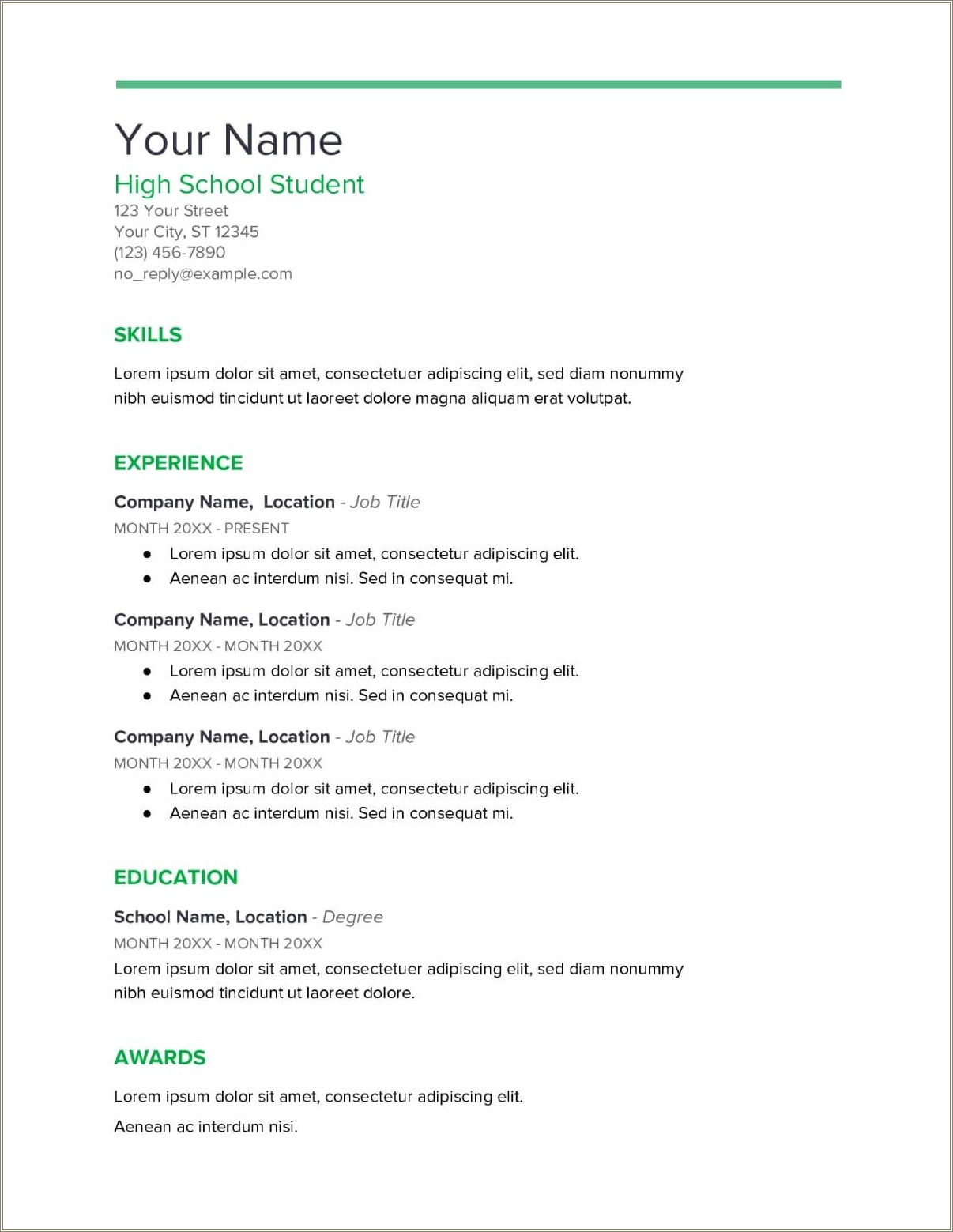 Easy Resume Template For High School Students