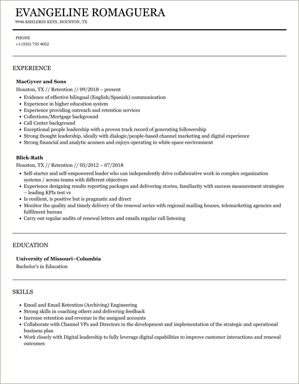 Education Retention Planning Description On Resume