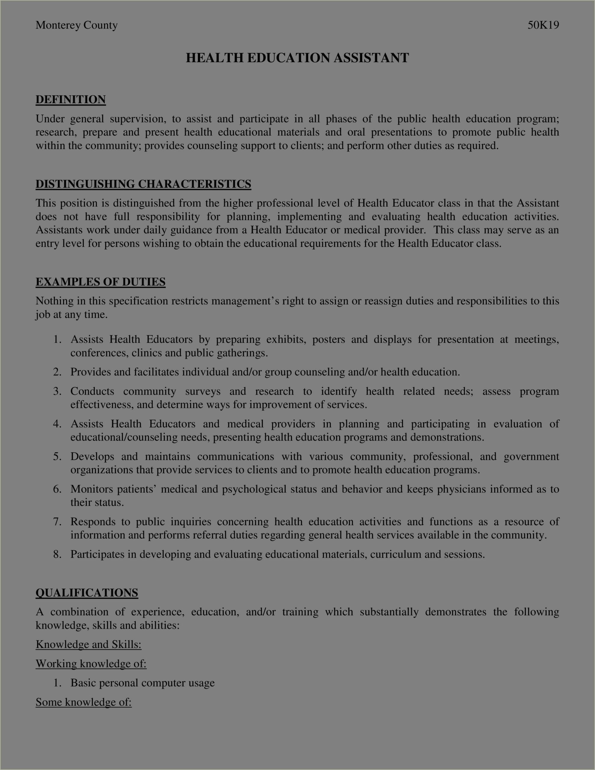 Educational Assistant Job Description For Resume