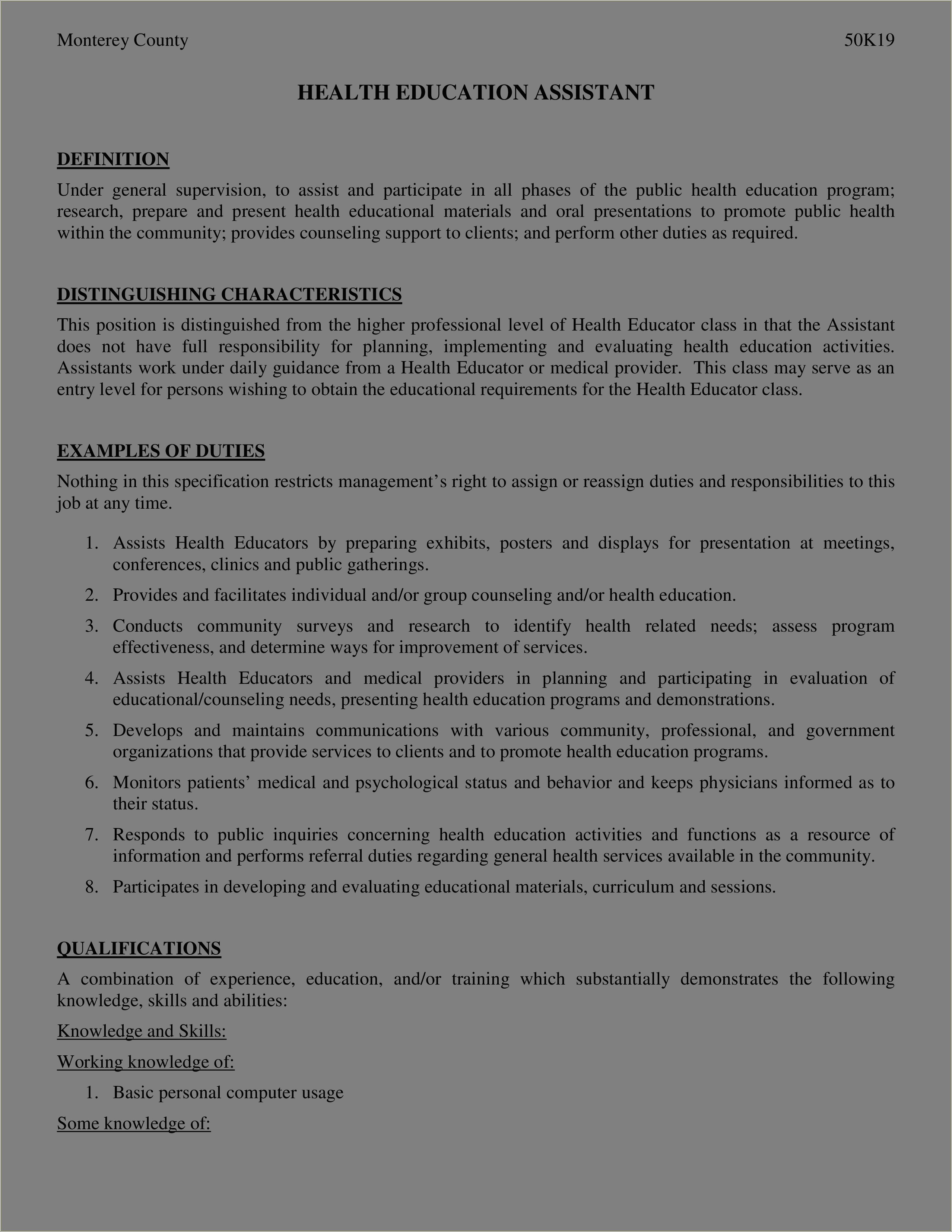 Educational Assistant Job Description For Resume