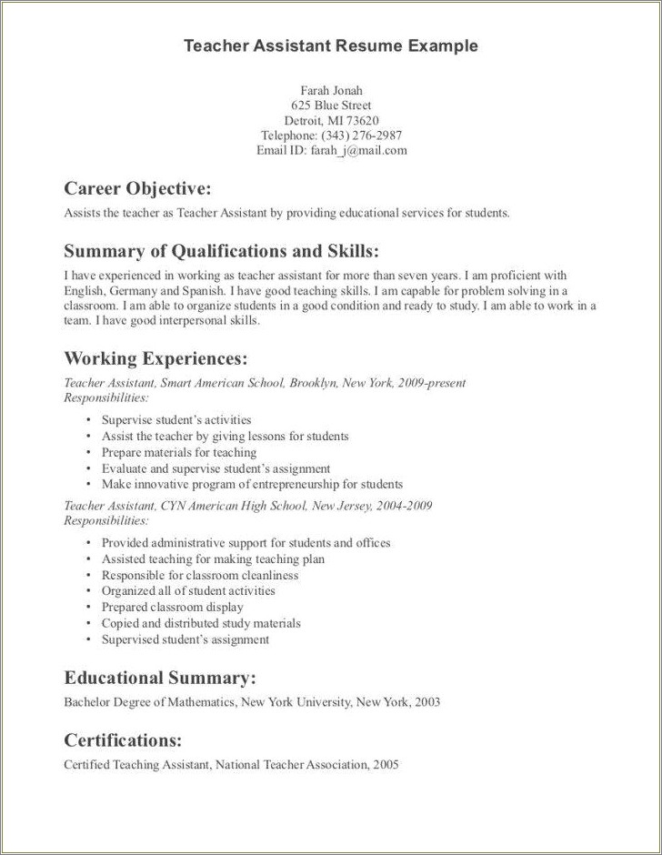 Educational Assistant Resume With No Experience