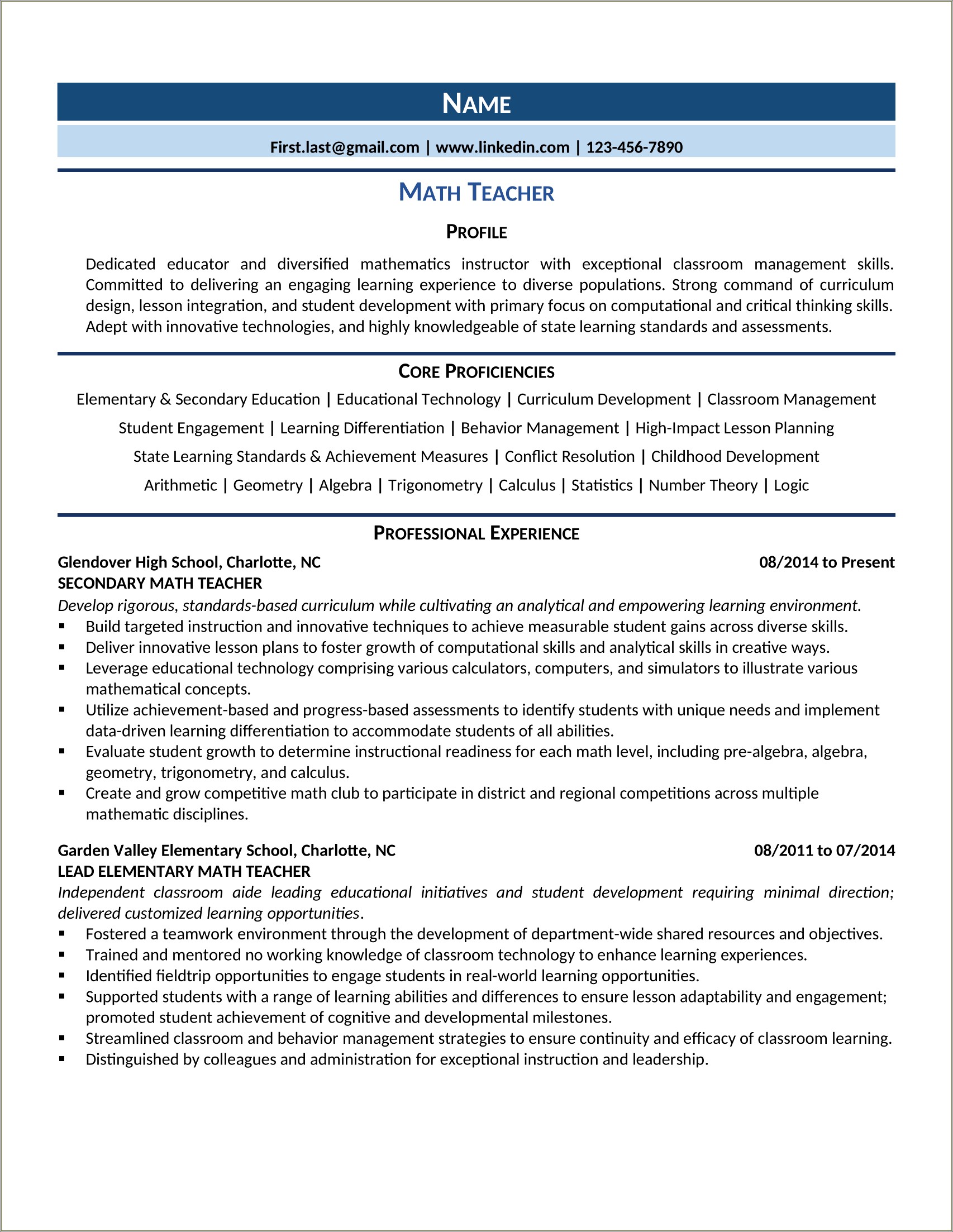 Educator With Combined Experience Resume Profile Examples