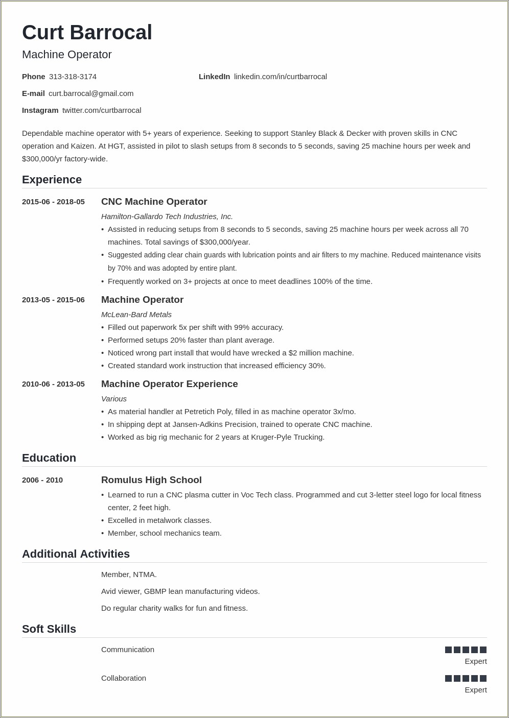 Ejemplo De Resume De Machine Operator Job Description