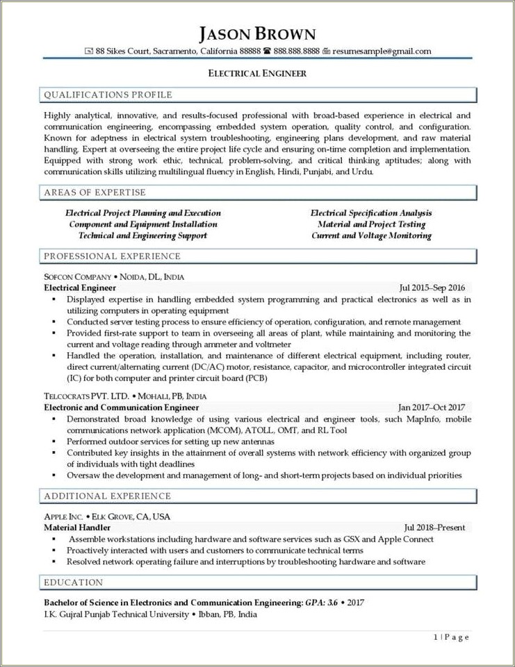 Electrical Engineer Entry Level Resume Example