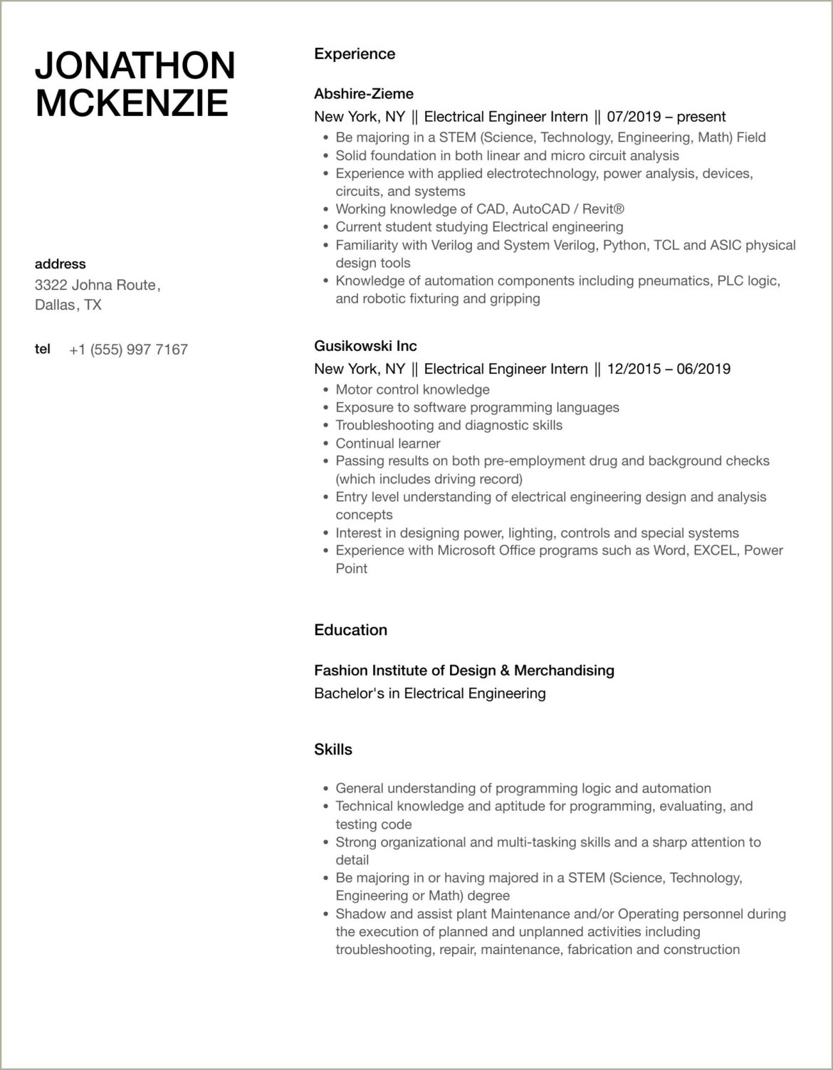 Electrical Engineer Entry Level Resume Samples