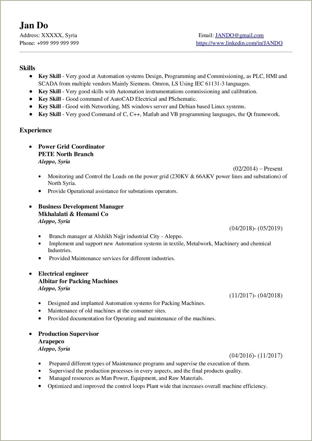 Electrical Engineer Power Plant Experience Resume