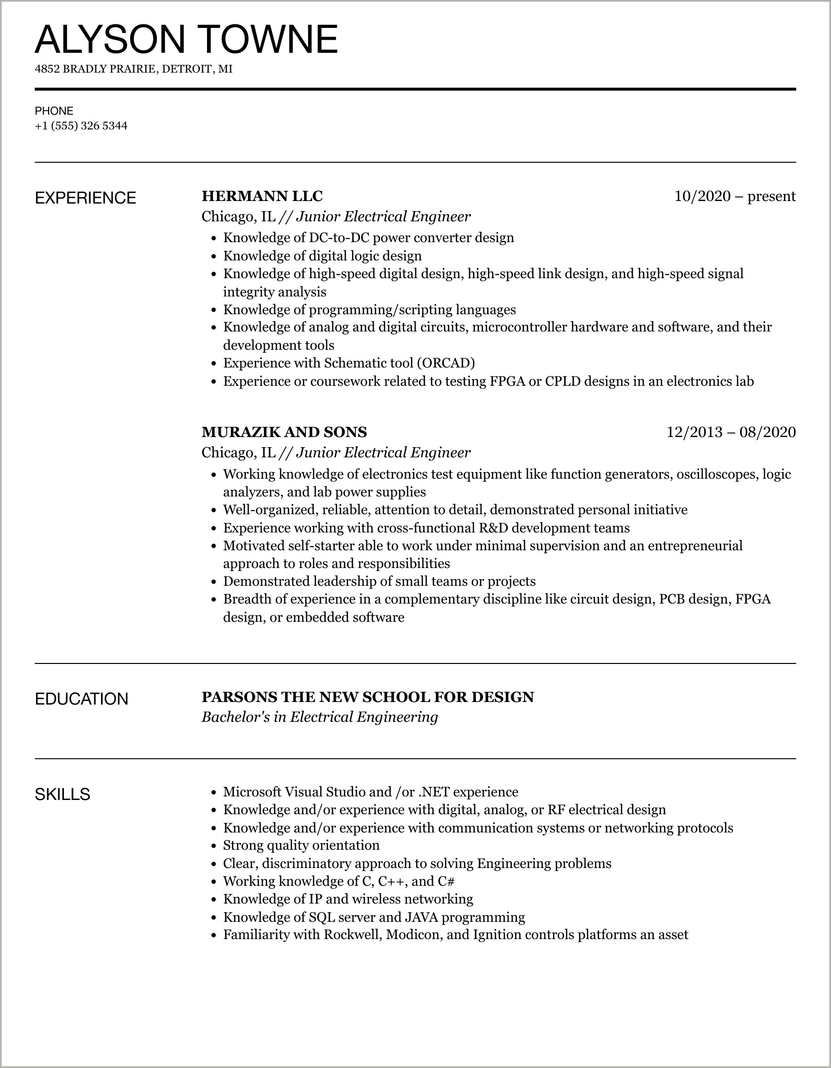 Electrical Engineer Resume With No Experience