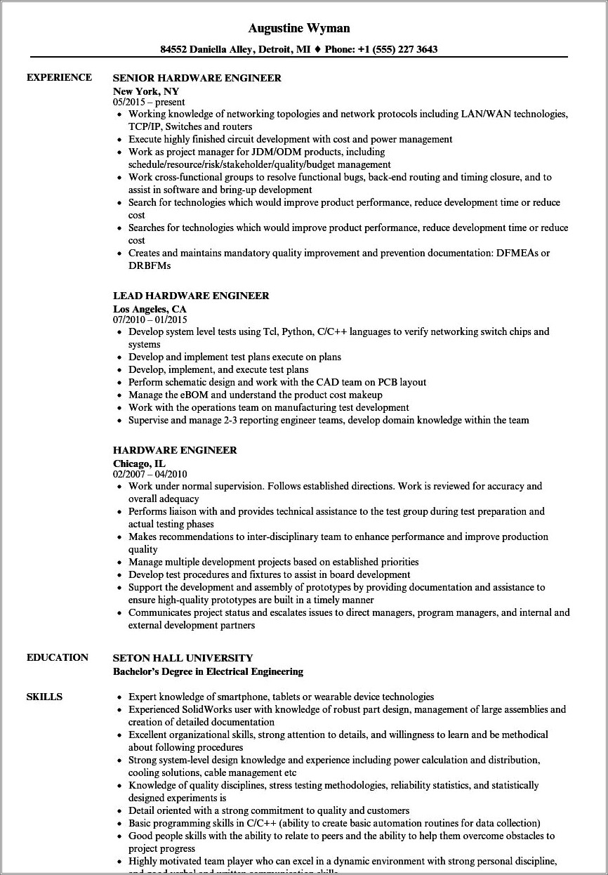 Electrical Engineering Entry Level Resume Sample