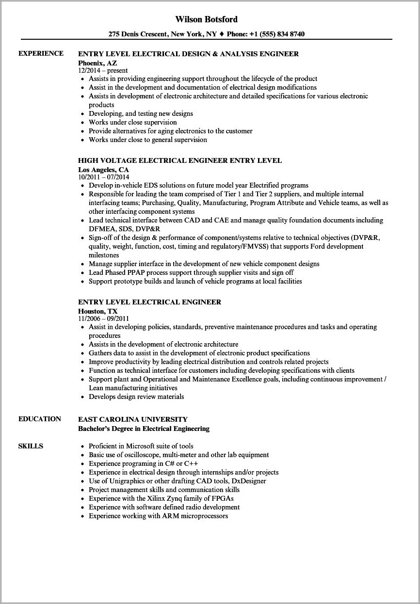 Electrical Engineering Skills For Resume Entry Level