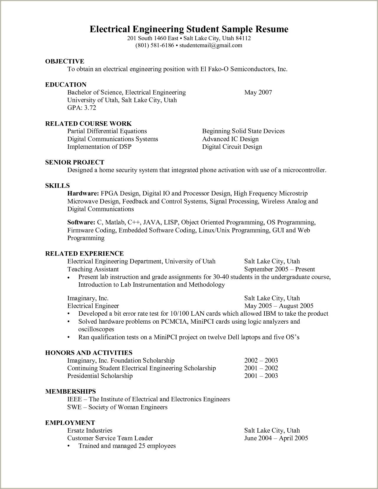 Electrical Engineering Undergrad Student Sample Resume