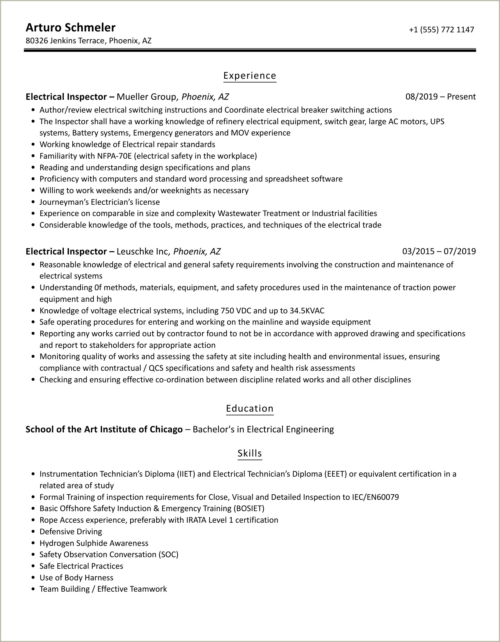 Electrical Qa Qc Inspector Resume Sample