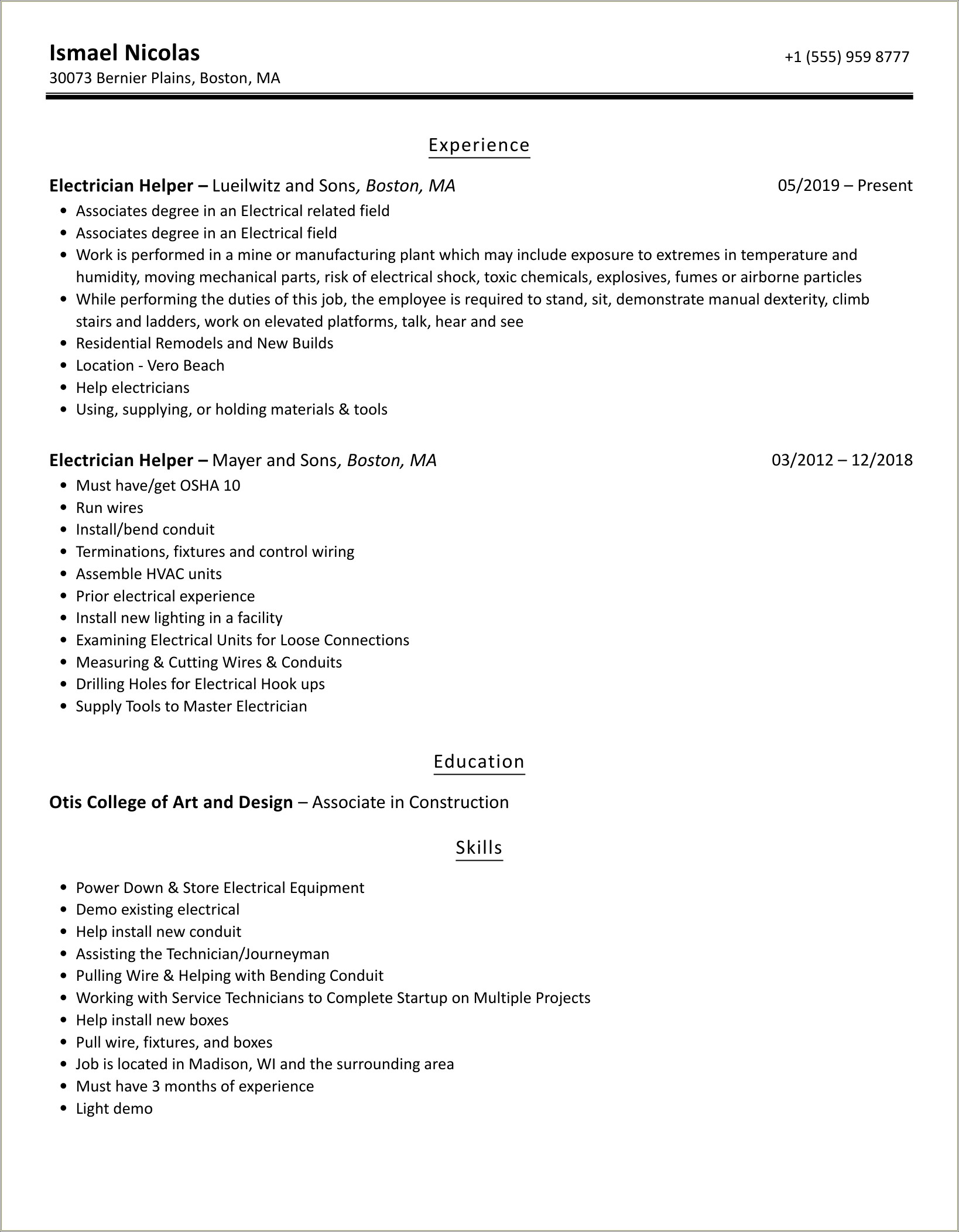 Electrician Assistant Job Description For Resume