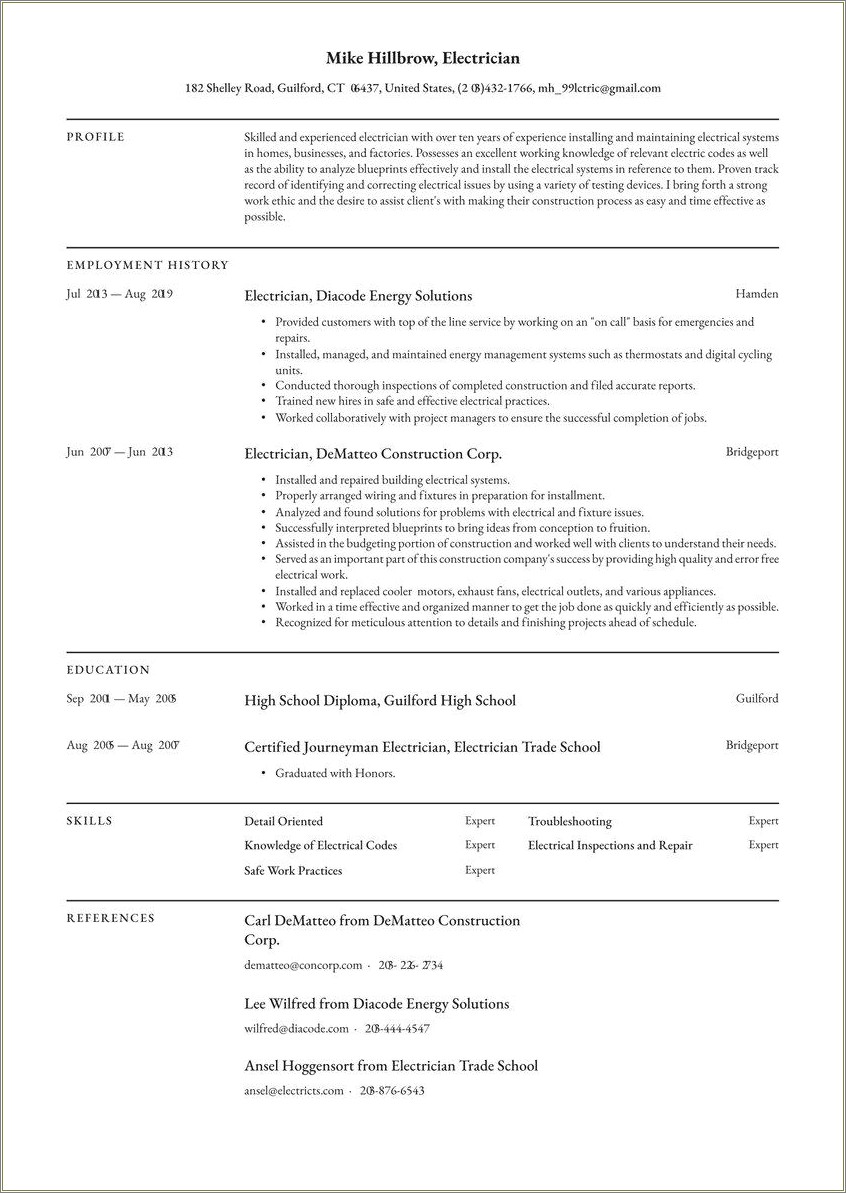 Electrician Resume With 2 Years Experience