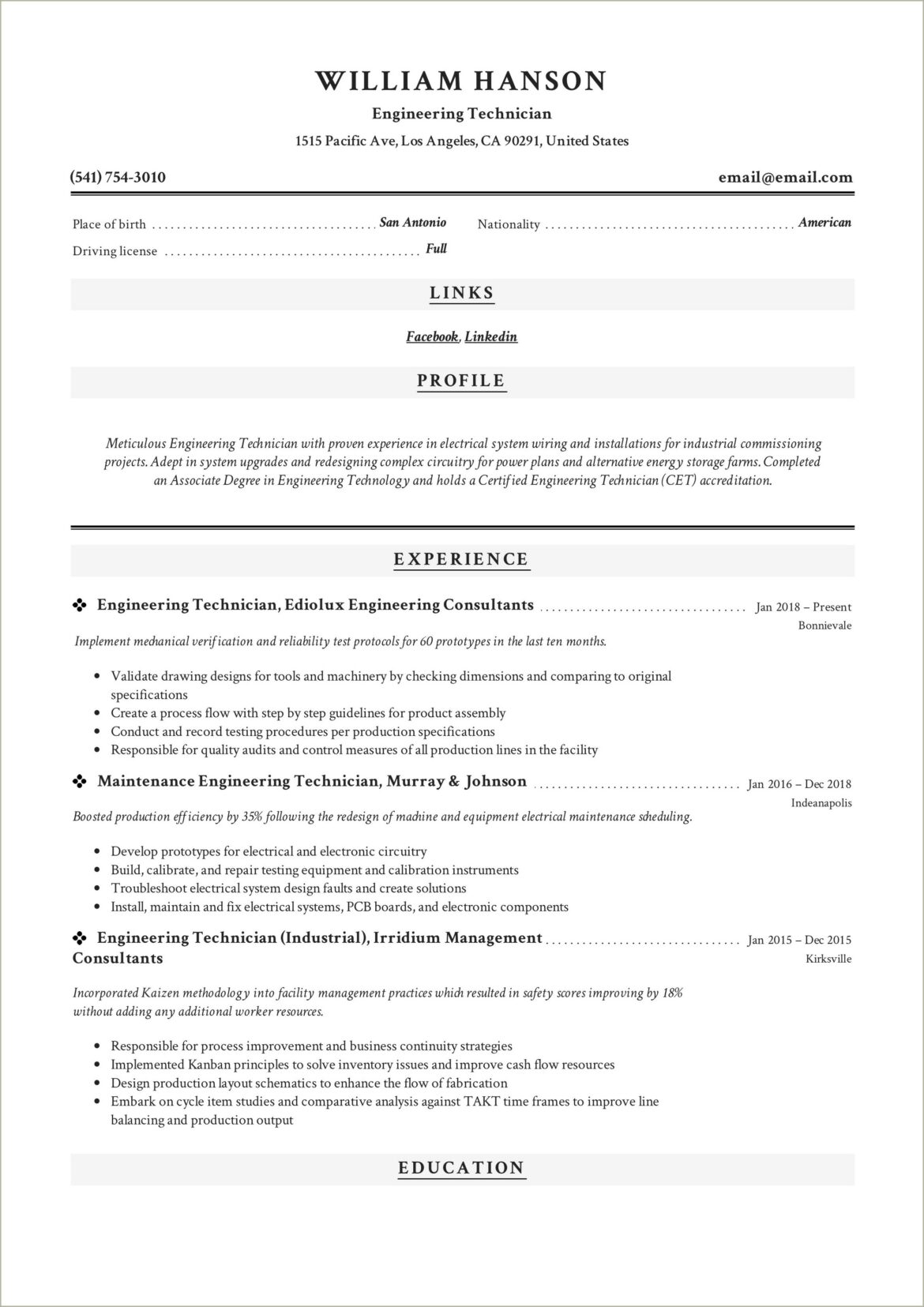 Electronic Engineering Technician Resume Sample Pdf