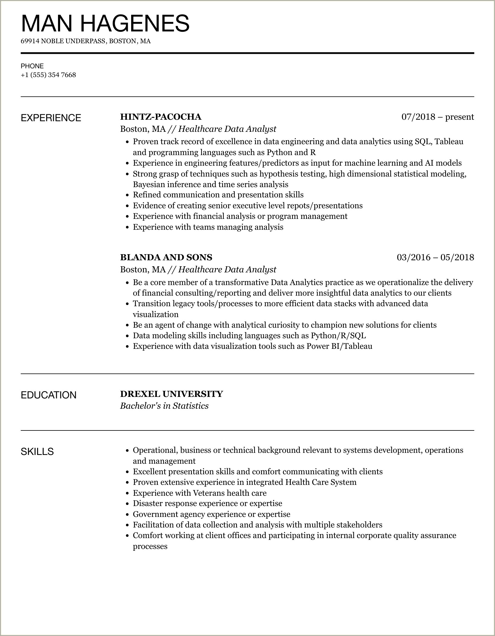 Electronic Health Records Analyst Resume Entry Level Sample