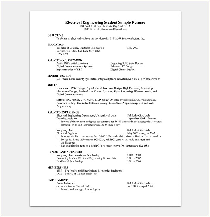 Electronics Engineering Resume Samples For Fresher
