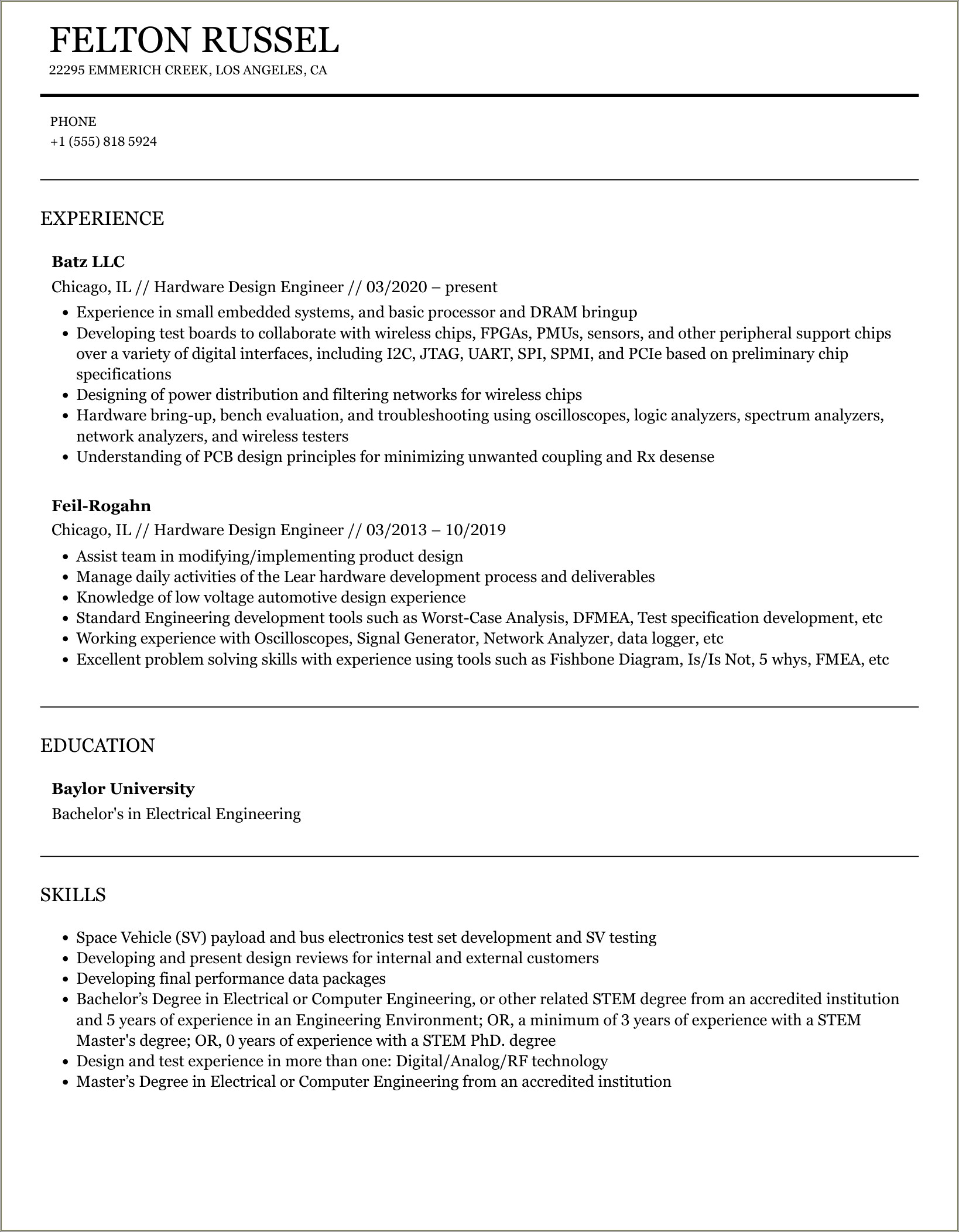 Electronics Hardware Design Engineer Resume Sample