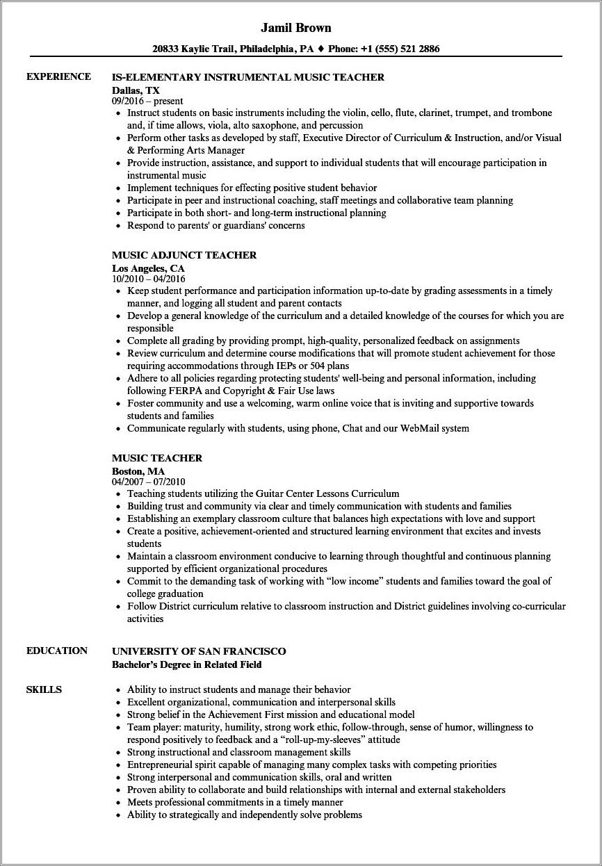 Elementary Music Teacher Job Description For Resume