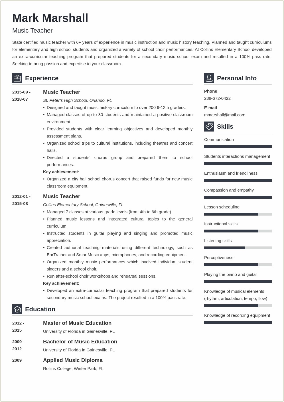 Elementary Music Teacher Resume Skills List