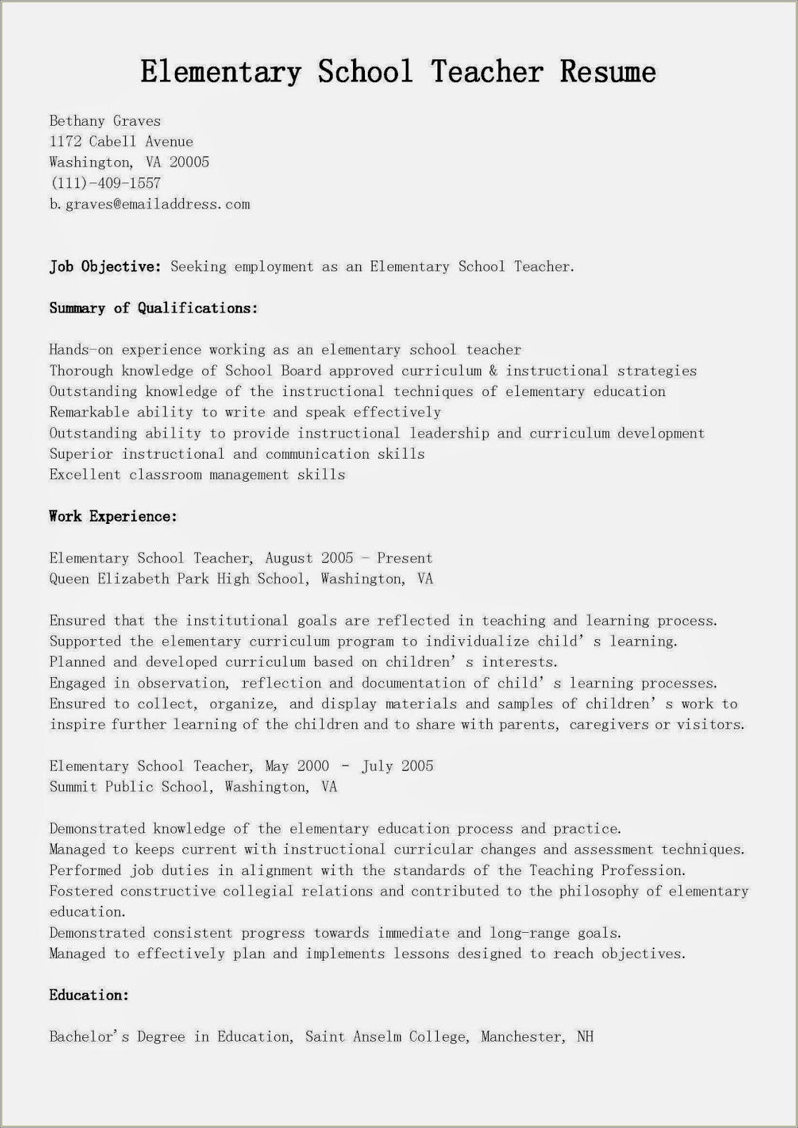 Elementary Principal Job Description For Resume
