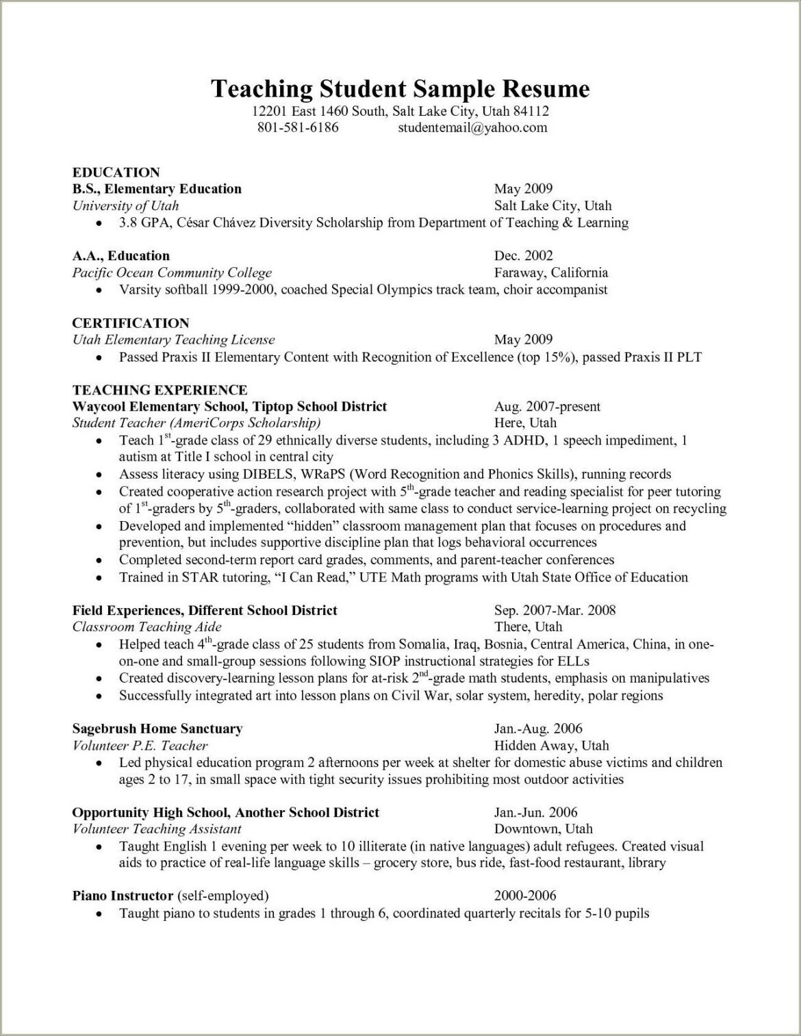 Elementary School Volunteer Classroom Assistant Resume