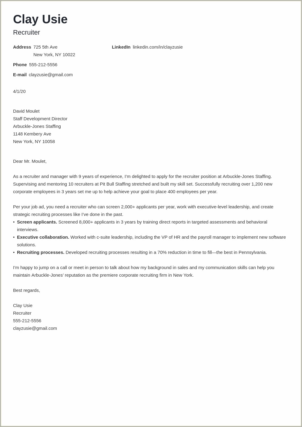Email Cover Letter And Resume Sample To Recruiter