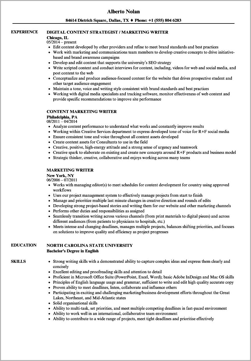 Email Marketing And Advertising Content Writer Resume Summary