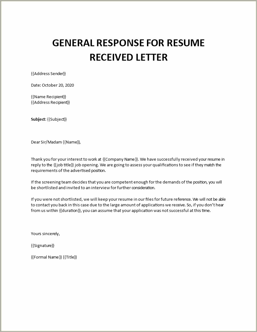 Email Template Responding To Resume Received
