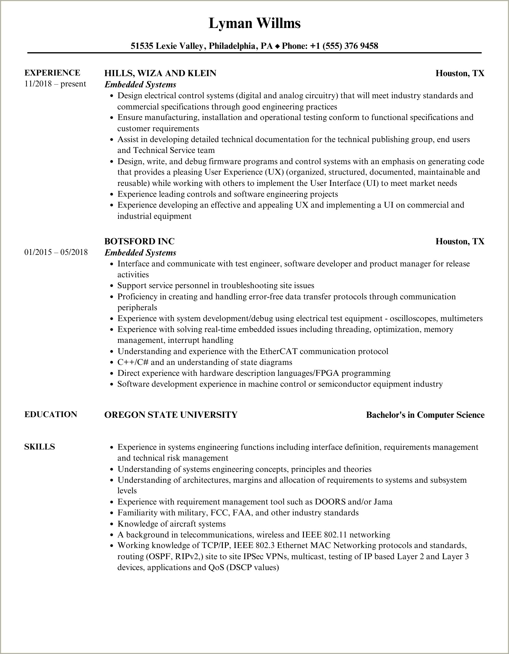 Embedded Systems Resume For 2 Year Experience