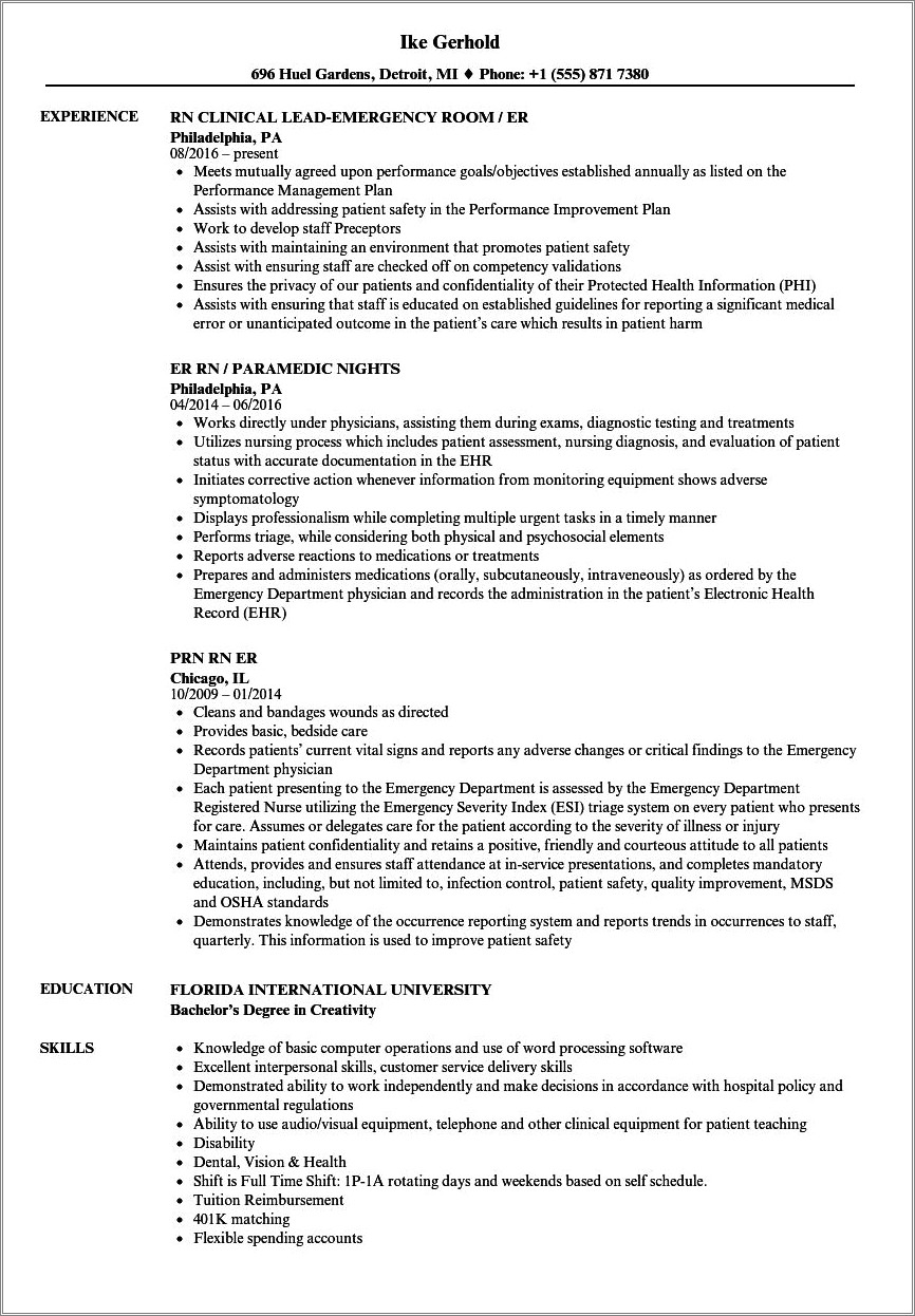 Emergency Department Rn Experience Resume Example