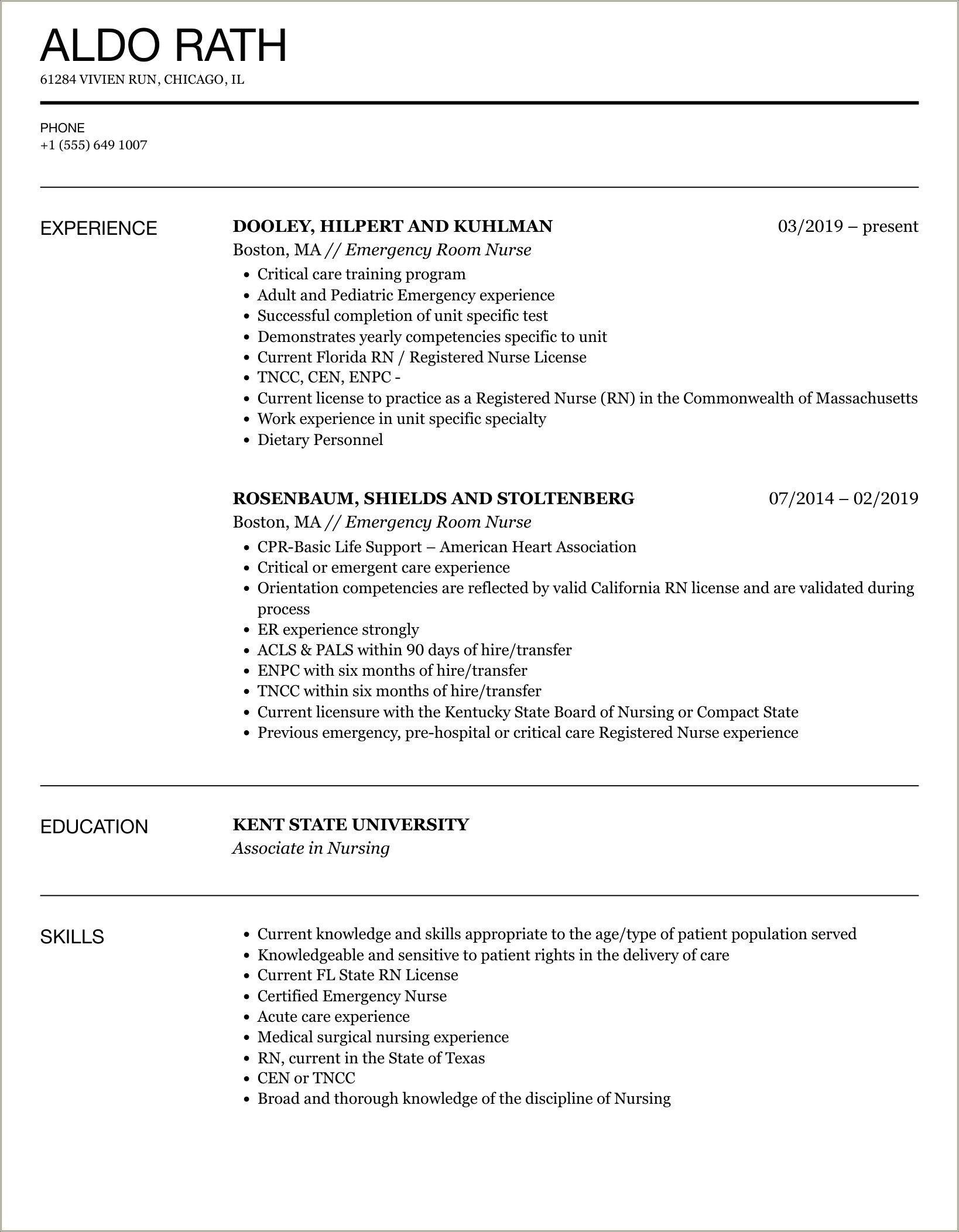 Emergency Room Nurse Description For Resume