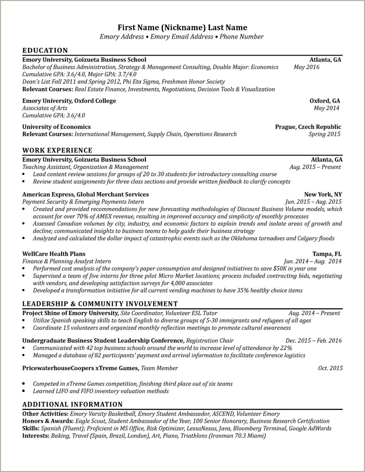 Emory University Business School Resume Template