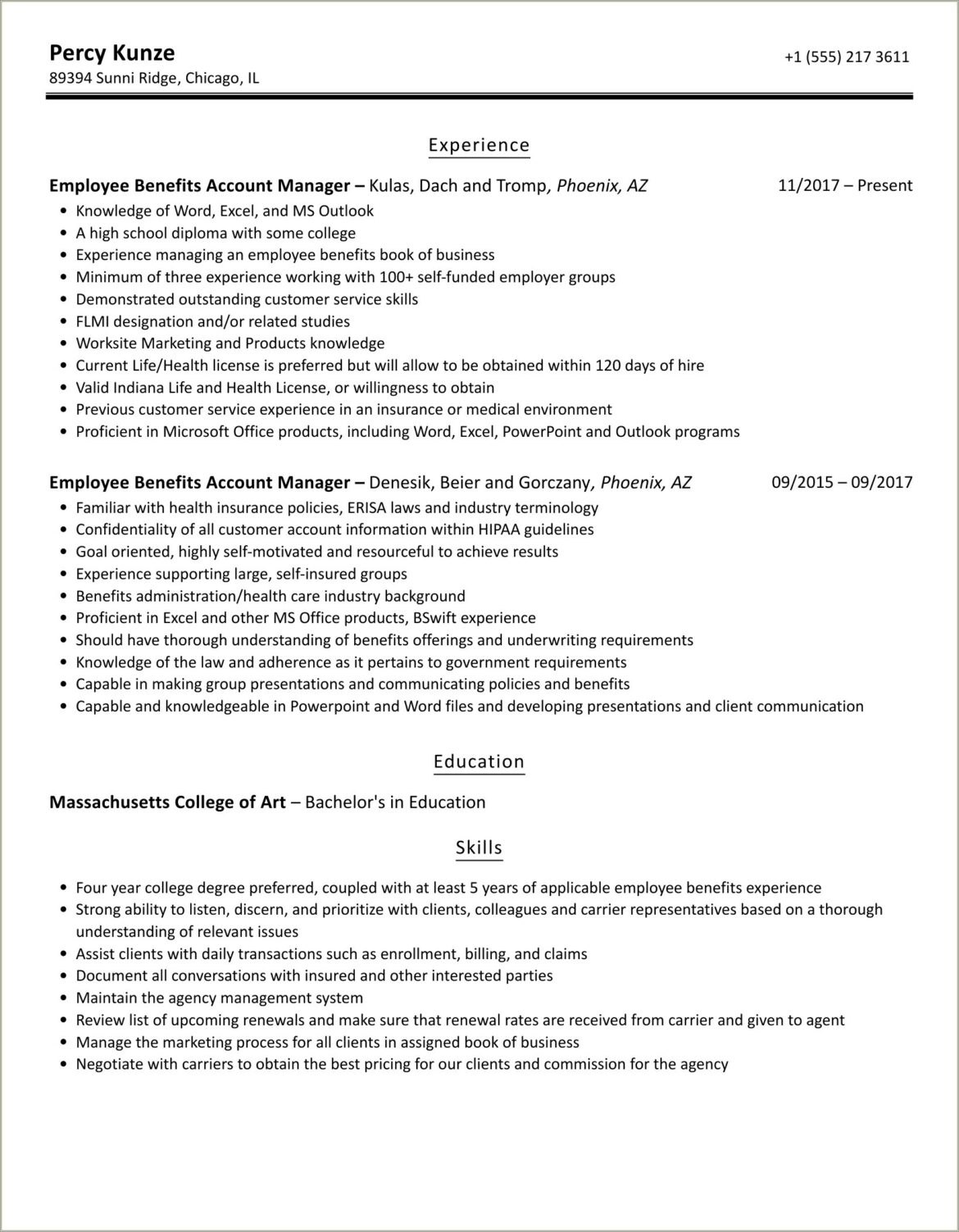 Employee Benefits Account Manager Resume Sample