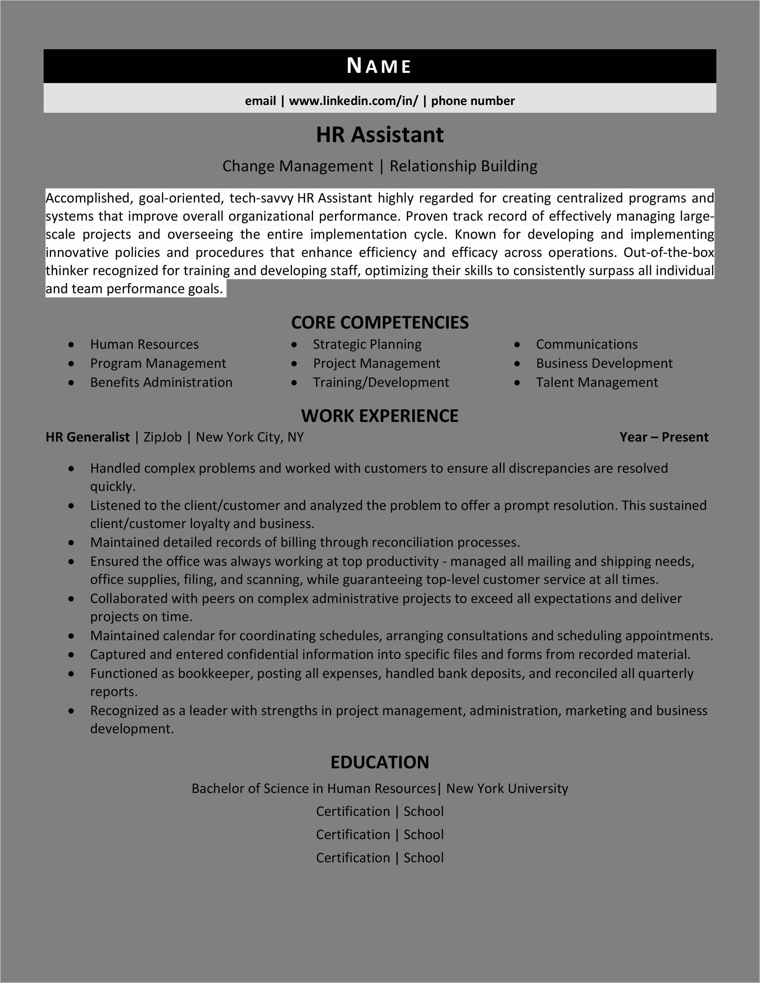 Employee Relations New Degree Resume Sample