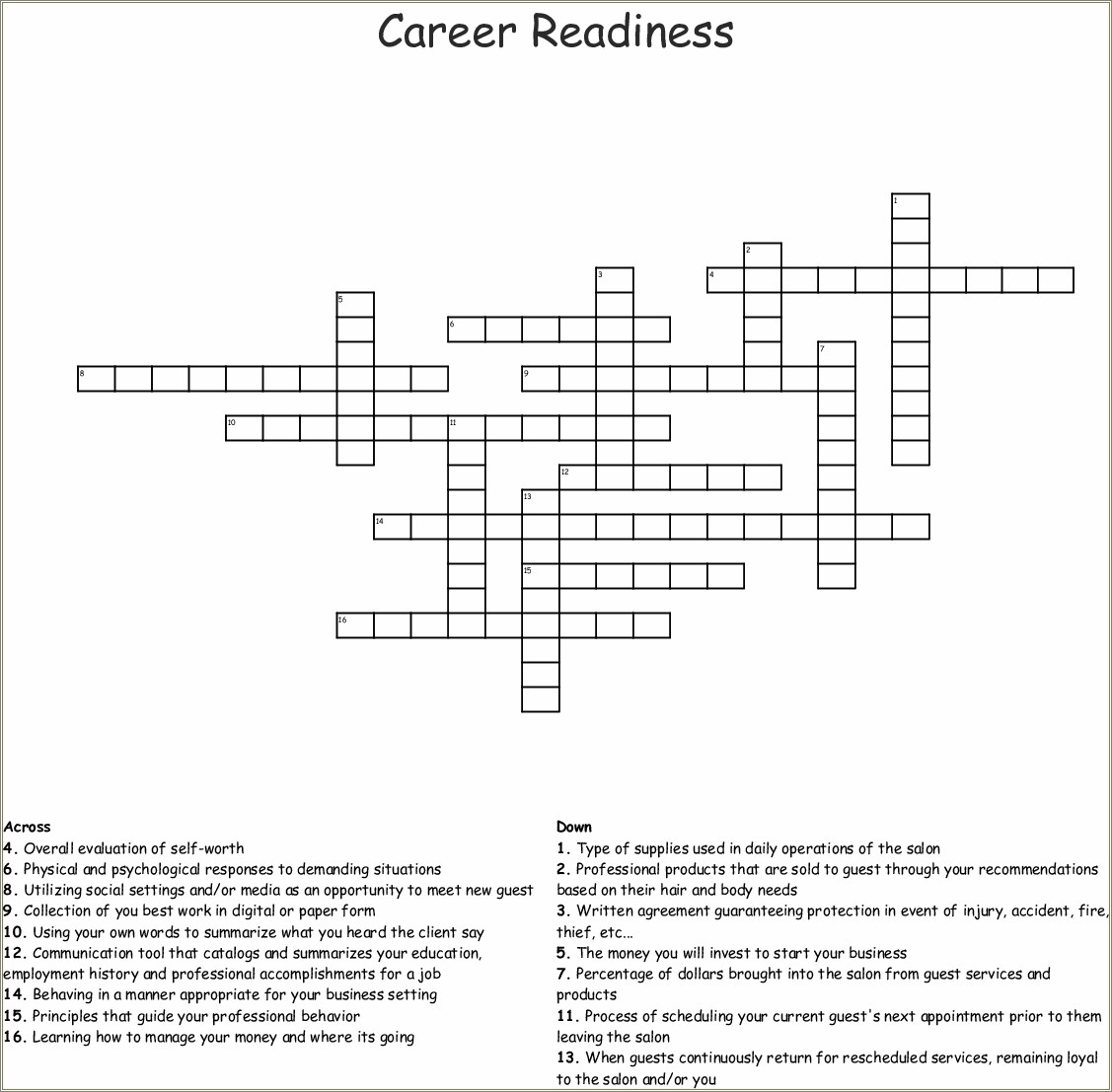 Employment And Career Readiness Job Resume Crossword Puzzle