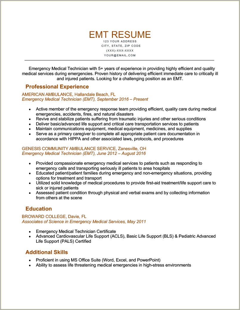 Emt Paramedic Job Description For Resume